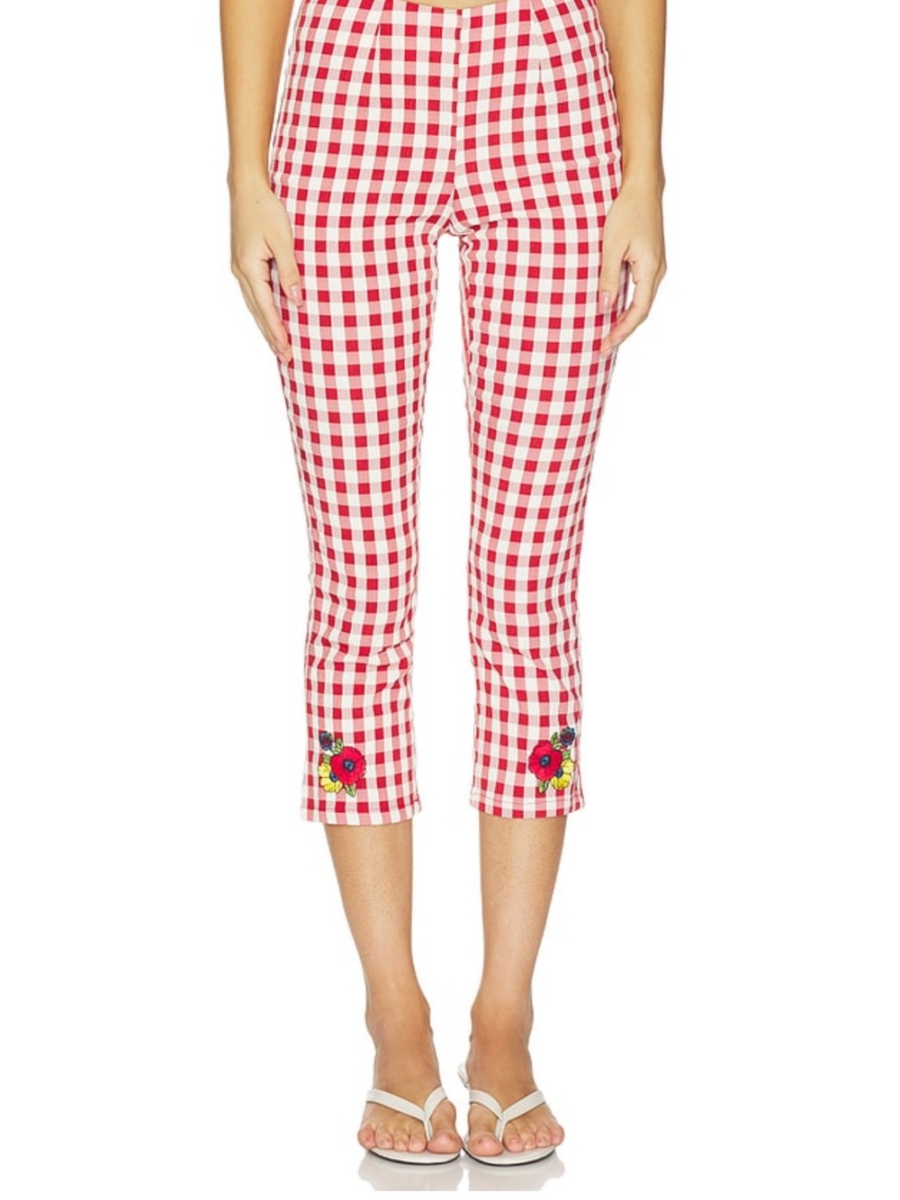 Lisa Says Gah Red and White Gingham Cropped Pants with Floral Embroidery
